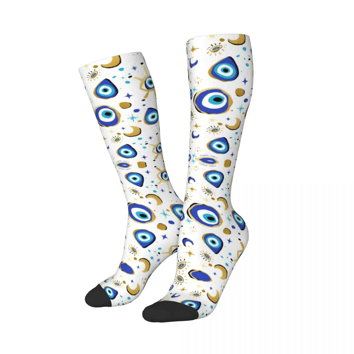 Custom Women Mediterranean Blue And Gold Evil Eye Stockings 3D Printed Hamsa Nazar Amulet Boho Knee High Tube Socks