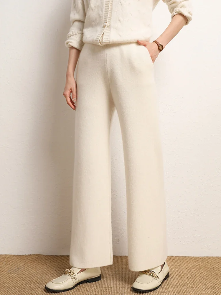 Office Women Trousers Autumn Winter Pants Warm Thicked 100% Cashmere Trousers Casual Straight Pants Elastic Waist Classic Pants