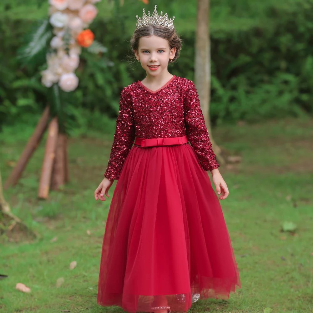 Summer European Style High End Dance Shiny Sequins 10-Year-Old Girl Clothing Long Sleeve Children's Party Dress