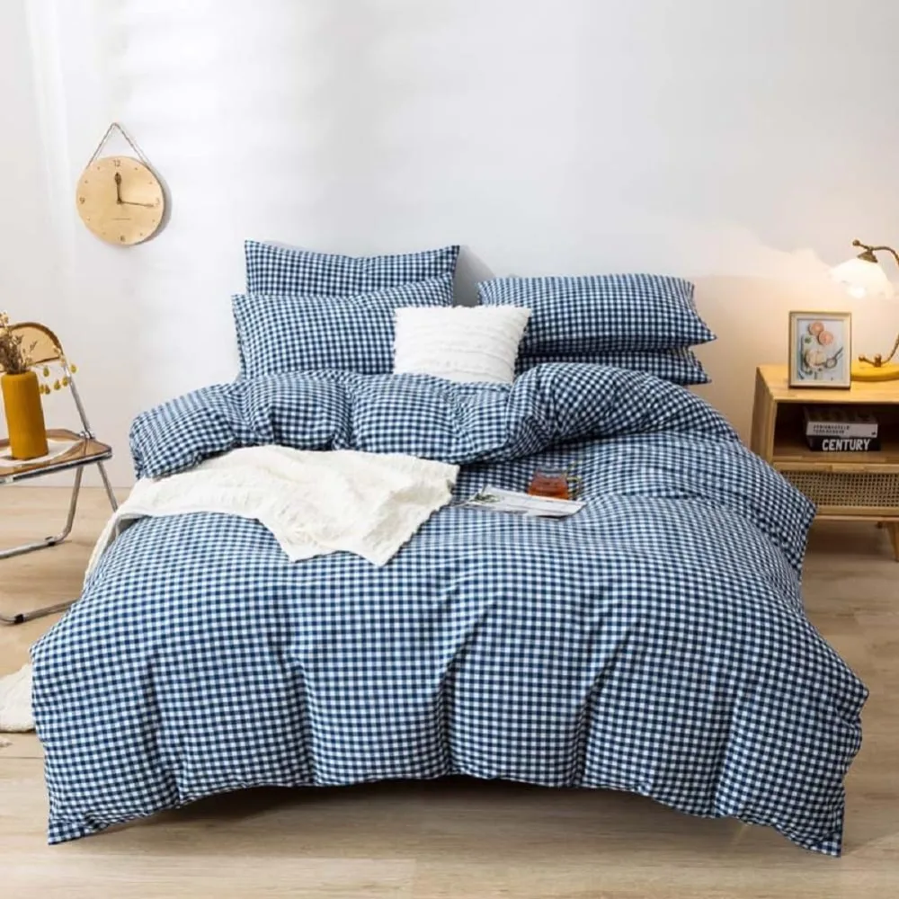 Royal Blue Gingham Comforter Set Queen 3 Piece Grid Plaid Bedding with 2 Pillowcases