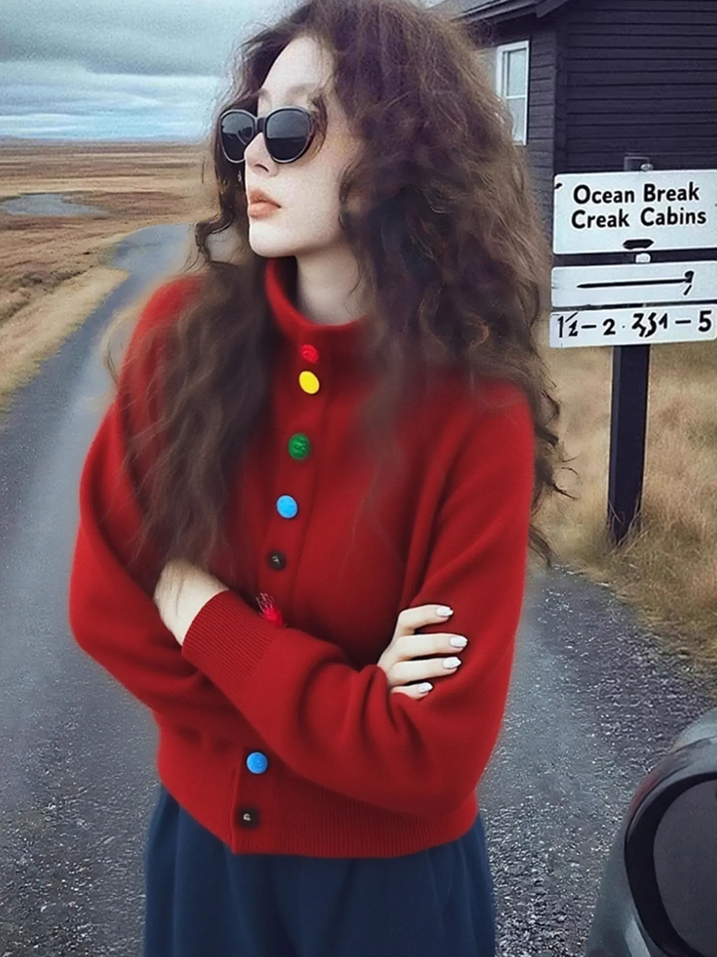 Cardigan long en tricot ouvert à col montant et à bouton unique Cisas Red Korean Sle, couleur rouge cerise, pour l'hiver