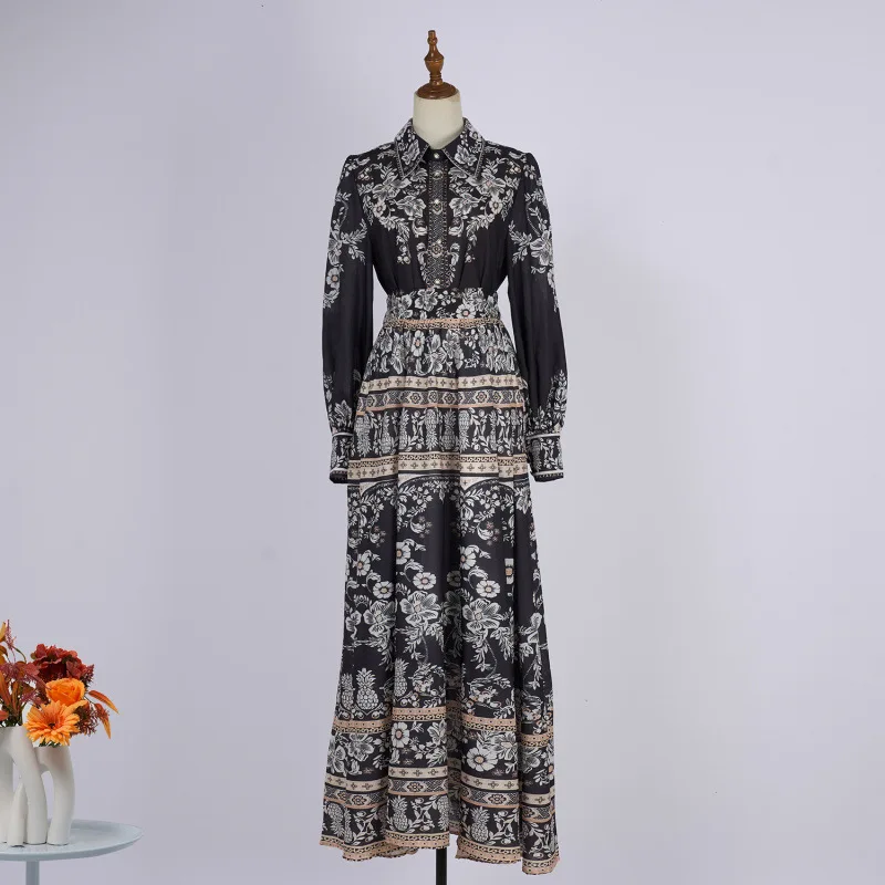 Slim Fit Lungo Sve Bla Floral Dr Set Faion da donna Primavera Estate Autunno Gonna Gored in poliestere Collo alto Maxi Dr