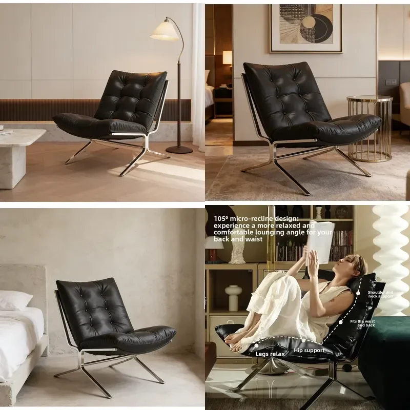 Living Room Leisure Sofa Chair Single Seat Minimalist Light Bauhaus Style for Metal Frame Leather Backrest