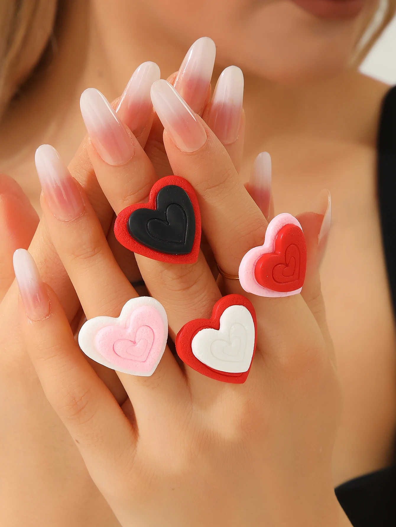 Valentine's Day Polymer Clay Double Hearts Adjustable Open Rings Color Block Sweet Style Jewelry Gift Lovers Trendy Accessories
