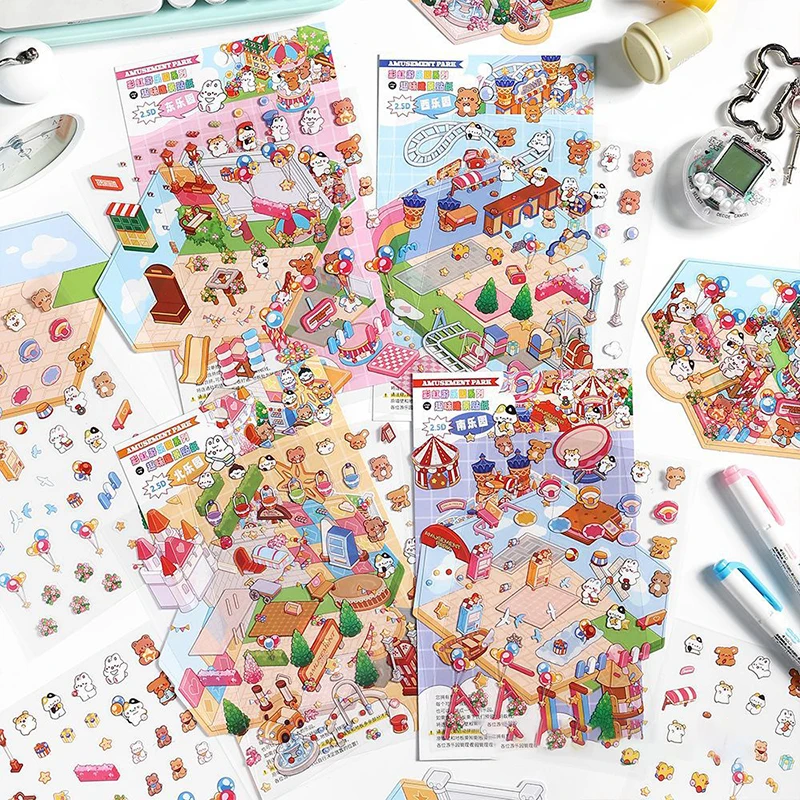 1Set Cute Cartoon Pocket Diy Scene Landscaping Decoration Sticker 2.5D Landscaping Stickers Creative Visual Stacking Stickers