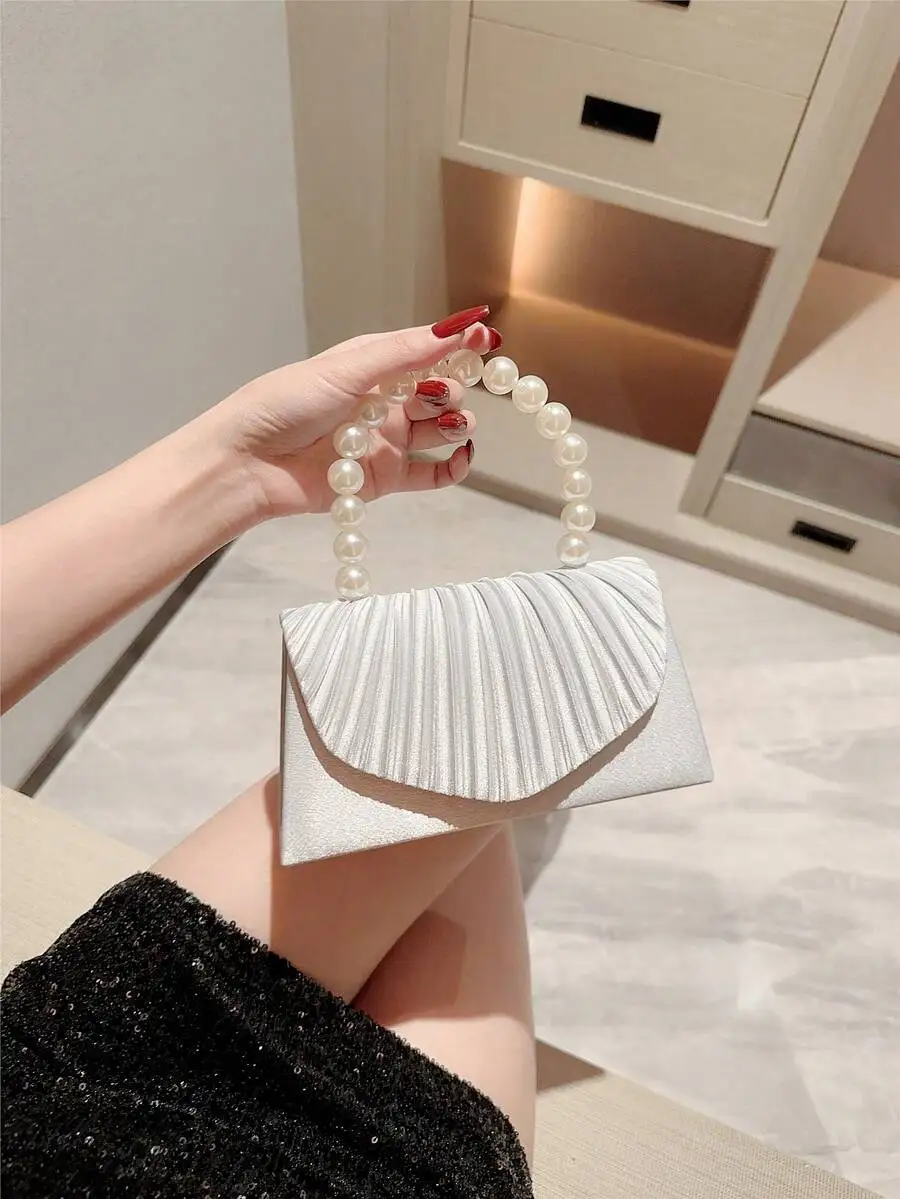 

Elegant Pleated Satin Clutch With Faux Pearl Handle For Women Evening Party
