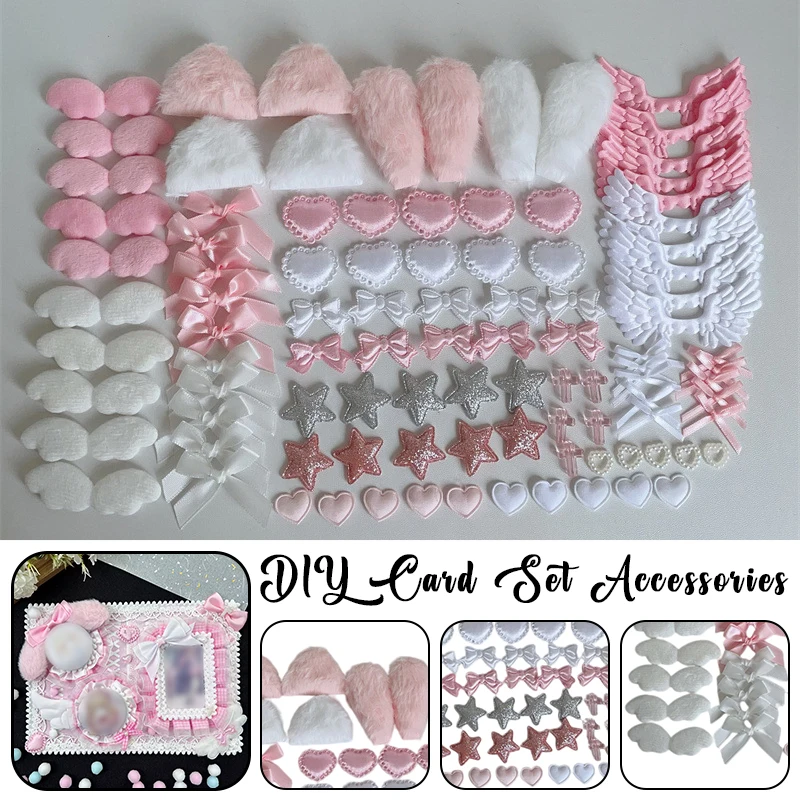 98pcs/set Handmade DIY Craft Kit Plush Ear Wing Satin Bow Heart Star Patch Hair Decor Making Supplies