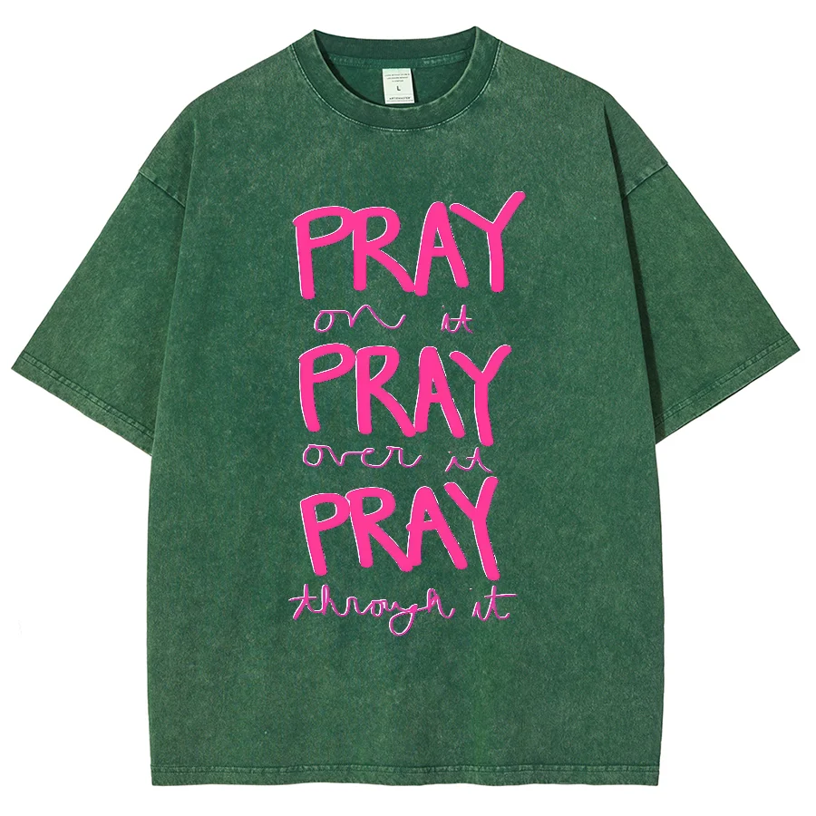 Pray On It Washed Y2K Short Sleeves T-Shirt, Cartoon Creative Printed Unisex Vintage Streetwear New Fashion Casual Plus-Size