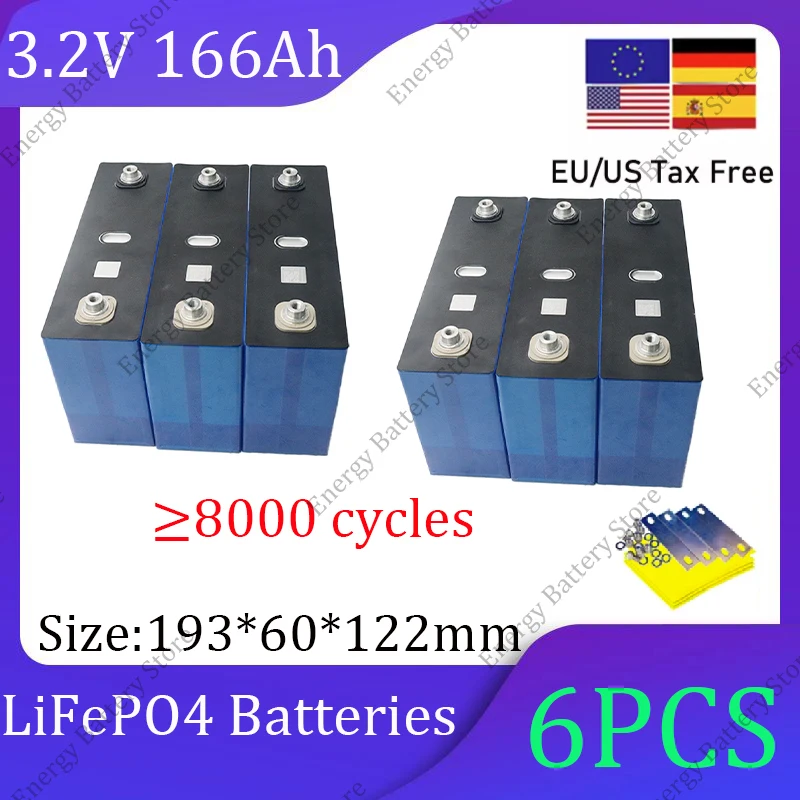 

New 6PCS 3.2V 166Ah 170Ah Lifepo4 Battery Large Capacity DIY 12V 24V 36V 48V Suitable for Golf Cart RV Solar Energy Storage