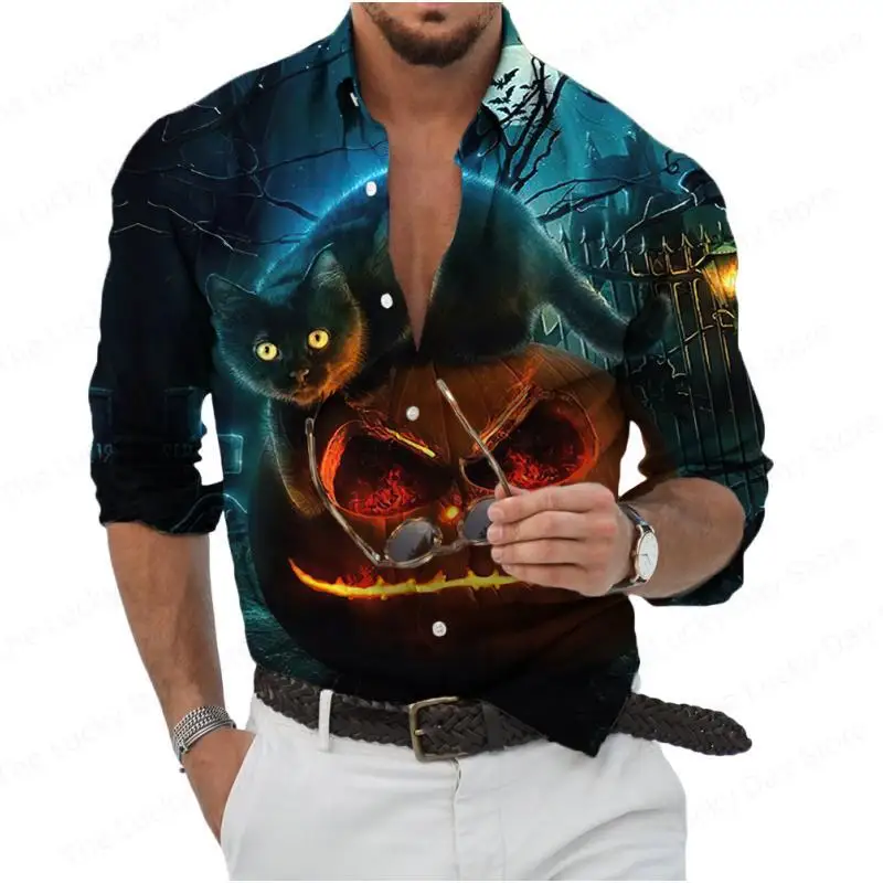 

2024 New Halloween Pumpkin Ghost Men's Shirt Hawaiian Fashion Luxury Long Sleeve Casual Social Vintage Resort Skull Clothing