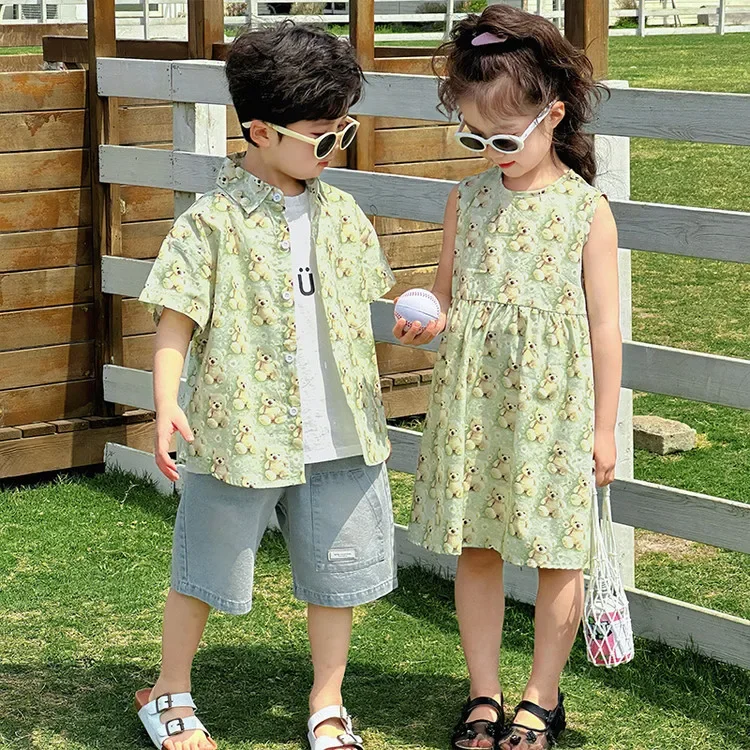 

Fashion Brother Sister Matching Bear Print Outfits Funny Baby Twin Clothes Little Girl Dresses Child Boy Shirts Sibling Clothing