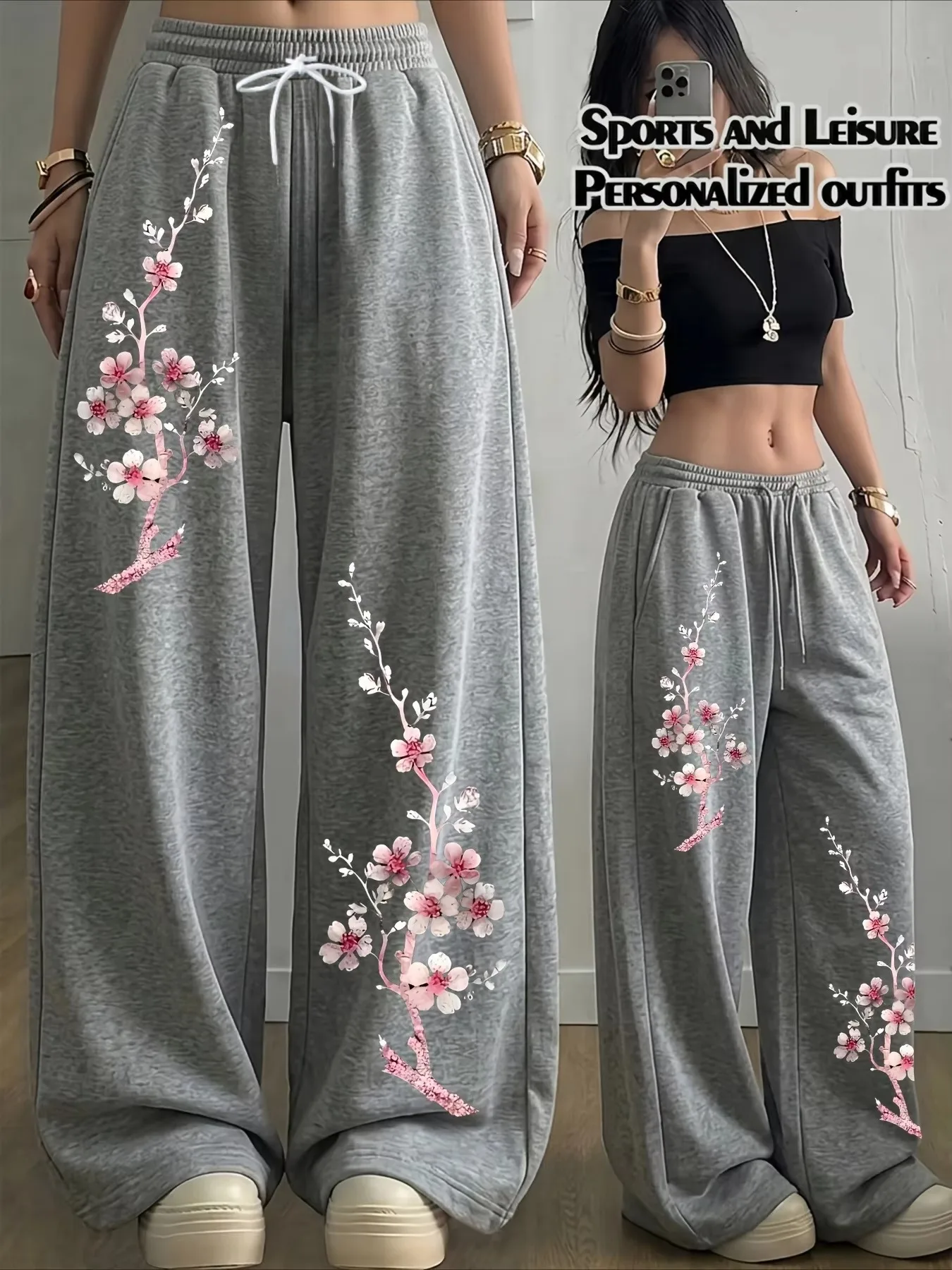 2026 Trendy Men's Japanese Cherry Blossom Print 3D Long Pants for Casual Streetwear Women's Loose Pants Kids
