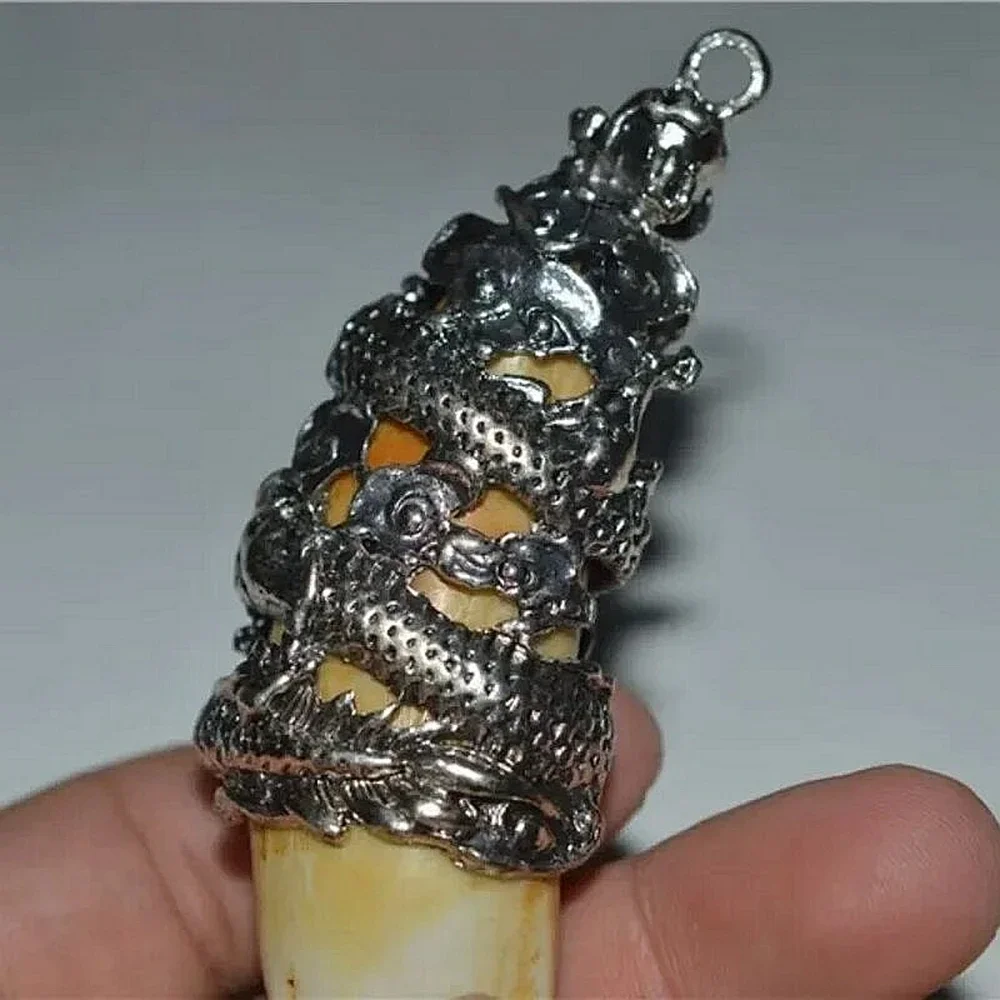 Men Women Antique Silver Dragon Boar Tooth Pendant Necklace, Exquisite Inlaid Design Fashion Jewelry for Couple Party Gift