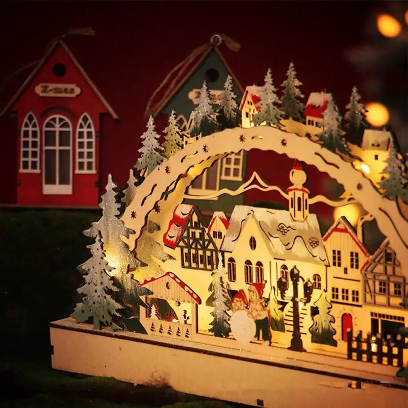 Christmas Village House Decoration Creative Christmas House With LED Light Glowing Santa Claus Wooden House Ornament Pre-lit LED