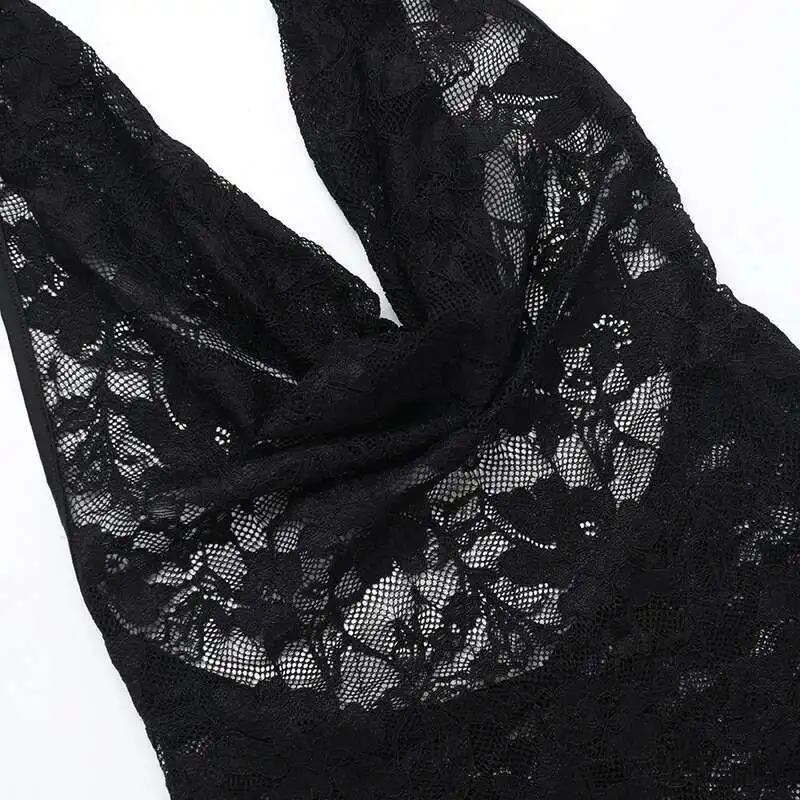 ชุดเดรสลูกไม้ซีทรูเว้าลึกแบบเซ็กซี่สำหรับงานปาร์ตี้ สายคล้องคอ เปิดหลัง ทรงเข้ารูป ยาว สง่างาม สำหรับผู้หญิง ฤดูร้อน 2024