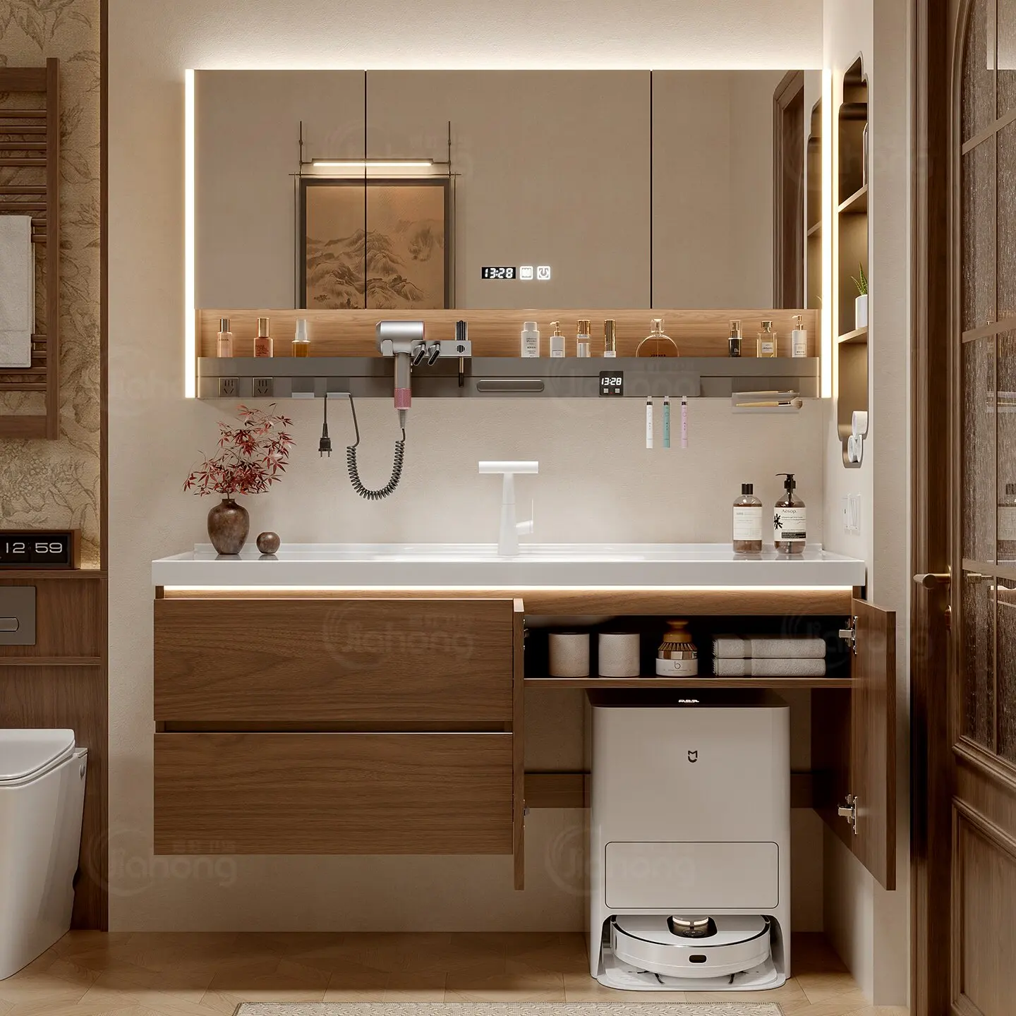 Ceramic integrated basin bathroom sink can hold a robot vacuum, sink cabinet, and bathroom cabinet combination