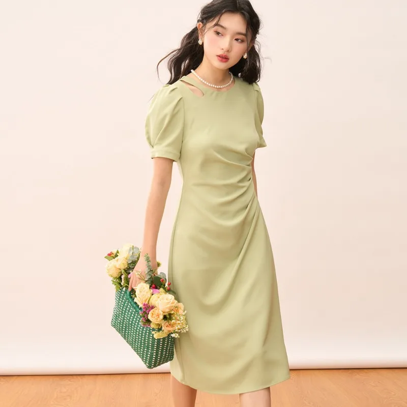 

2023 Summer New High Waist Slim Style Commuter Shoulder Hollow Sexy Round Neck Mid Length Dress Summer Dress Clothing for Women