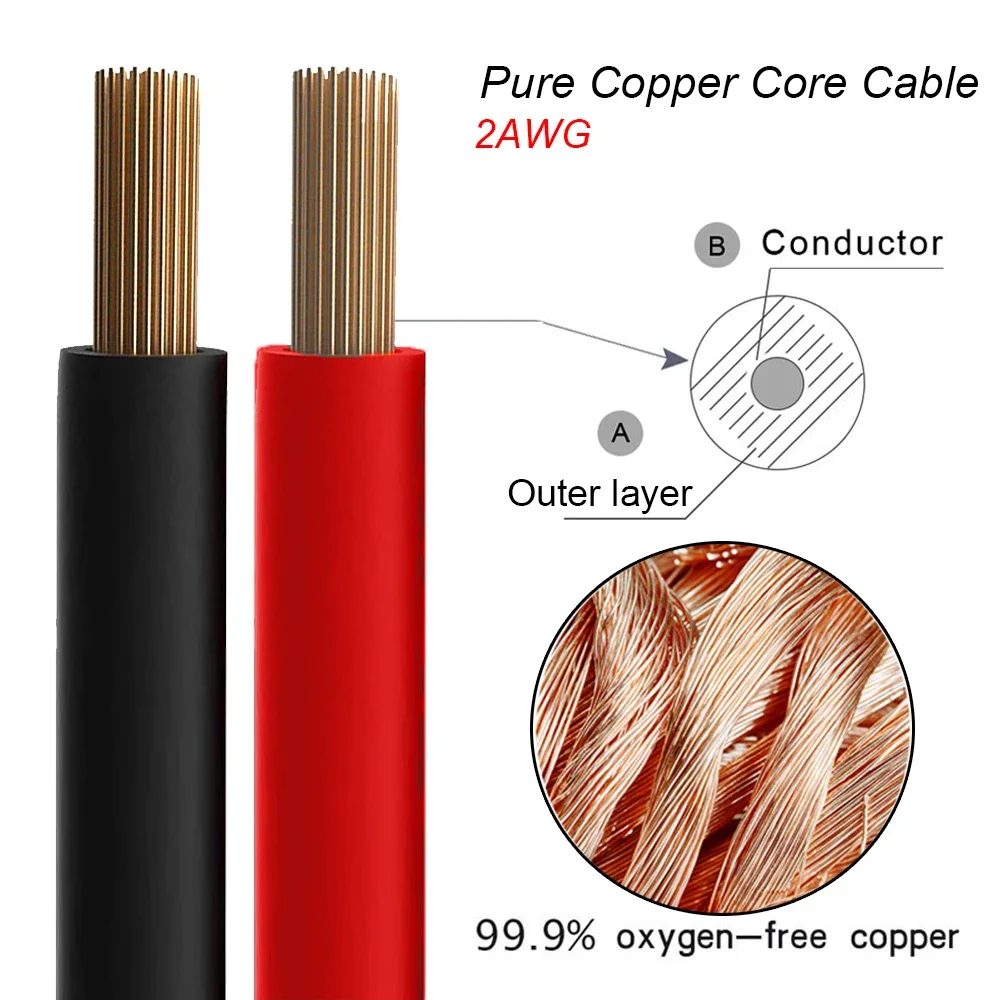 Battery Inverter Cable Set with Terminals 12V 2AWG Car Battery Connection Line Cable Stranded Copper Cord red black wire