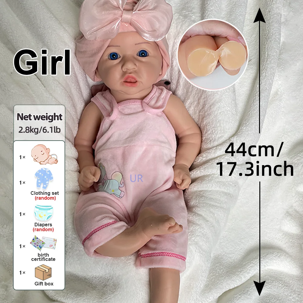 Exquisite 17-Zoll-Künstler handbemalte weiche Silikon-Reborn-Babypuppe mit blauen Augen, Wiedergeburth-Babys für Kinder ab 3 Jahren, Weihnachtsgeschenke