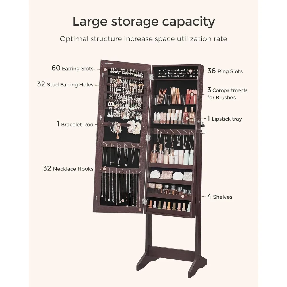 SONGMICS Jewelry Cabinet Armoire, Freestanding Lockable Storage Organizer Unit with 2 Plastic Cosmetic Storage, Full-Length Fram