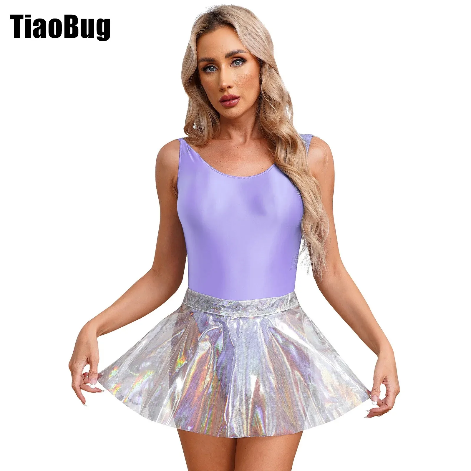 

Womens Two-Piece Outfit Clubwear Backless Sleeveless High Cut Bodysuit with High Waist See-Through Ruffled Flared Skirt