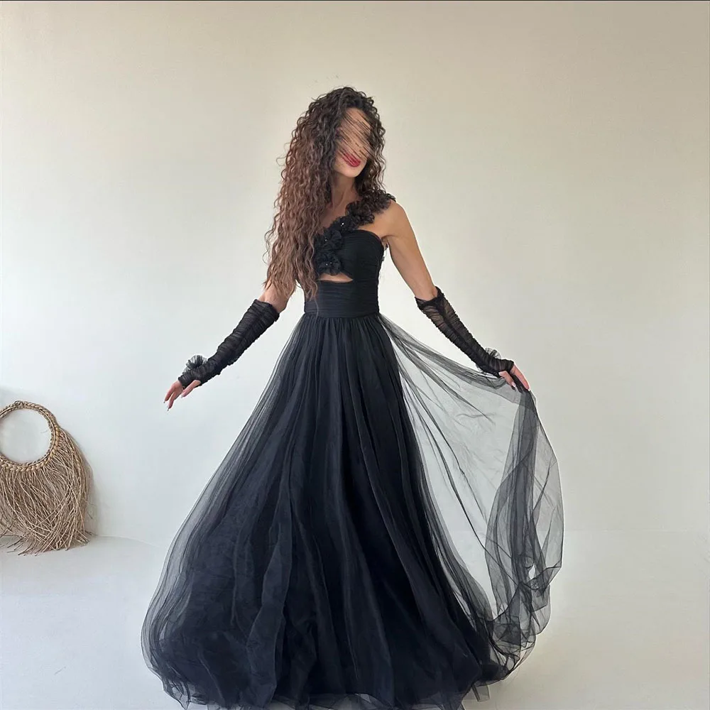 Customized Elegant Prom Gown One-Shoulder 3D Appliques Hollow Out Solid Color A-line Modern Evening Party Dresses فساتين للحفلات