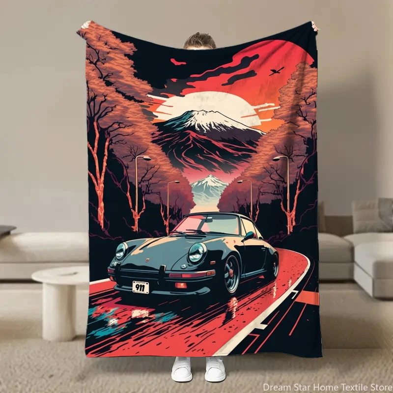 

Japan 80s Retro Car pattern Flannel Fluffy blanket, suitable for sofas, beds, offices, travel, camping chairs,warm plush blanket