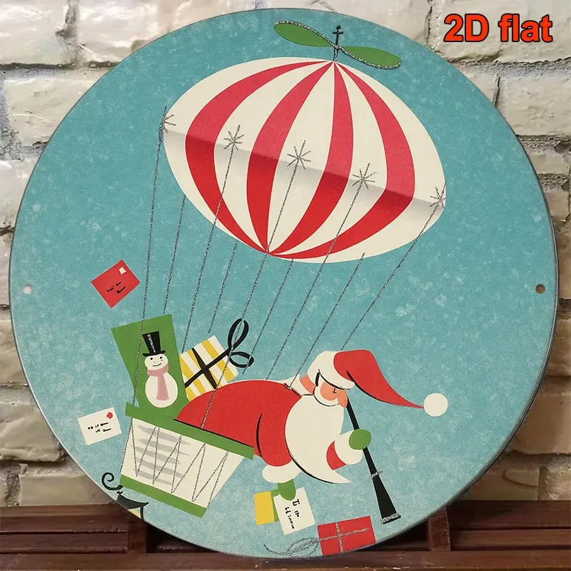 2D Flat - 1pc 8*8In/20X20Cm 2D Flat Round Sign, Vintage Decorative Plaque about Santa Claus Snowman Gift Parachute, Christmas Th