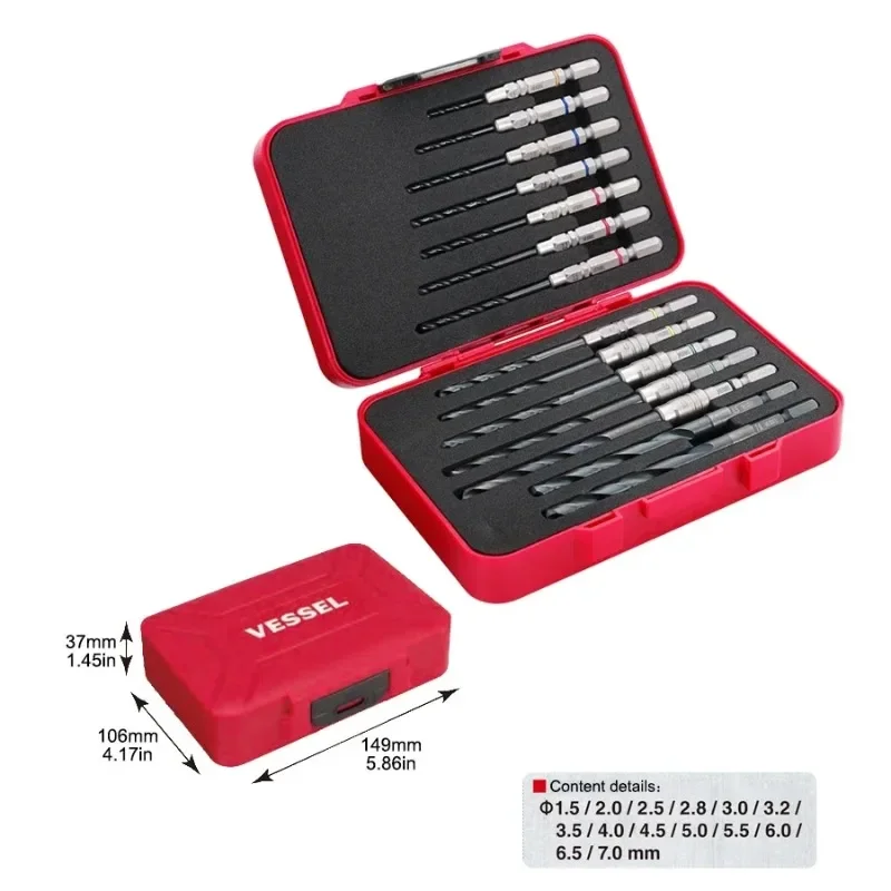 VESSEL 14-Piece Chrome Vanadium Steel Drill Bit Set AMD14S - Twist Bits for Metal/Wood, DIY Use, Special Boxed Set