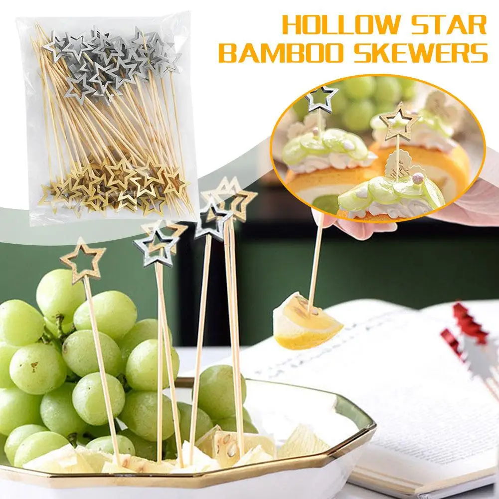 50/100pcs Hollow Star Bamboo Skewers Disposable Insert Decoration Fruit Picks Cute Decor Buffet Cocktail Toothpick Stick J7O1
