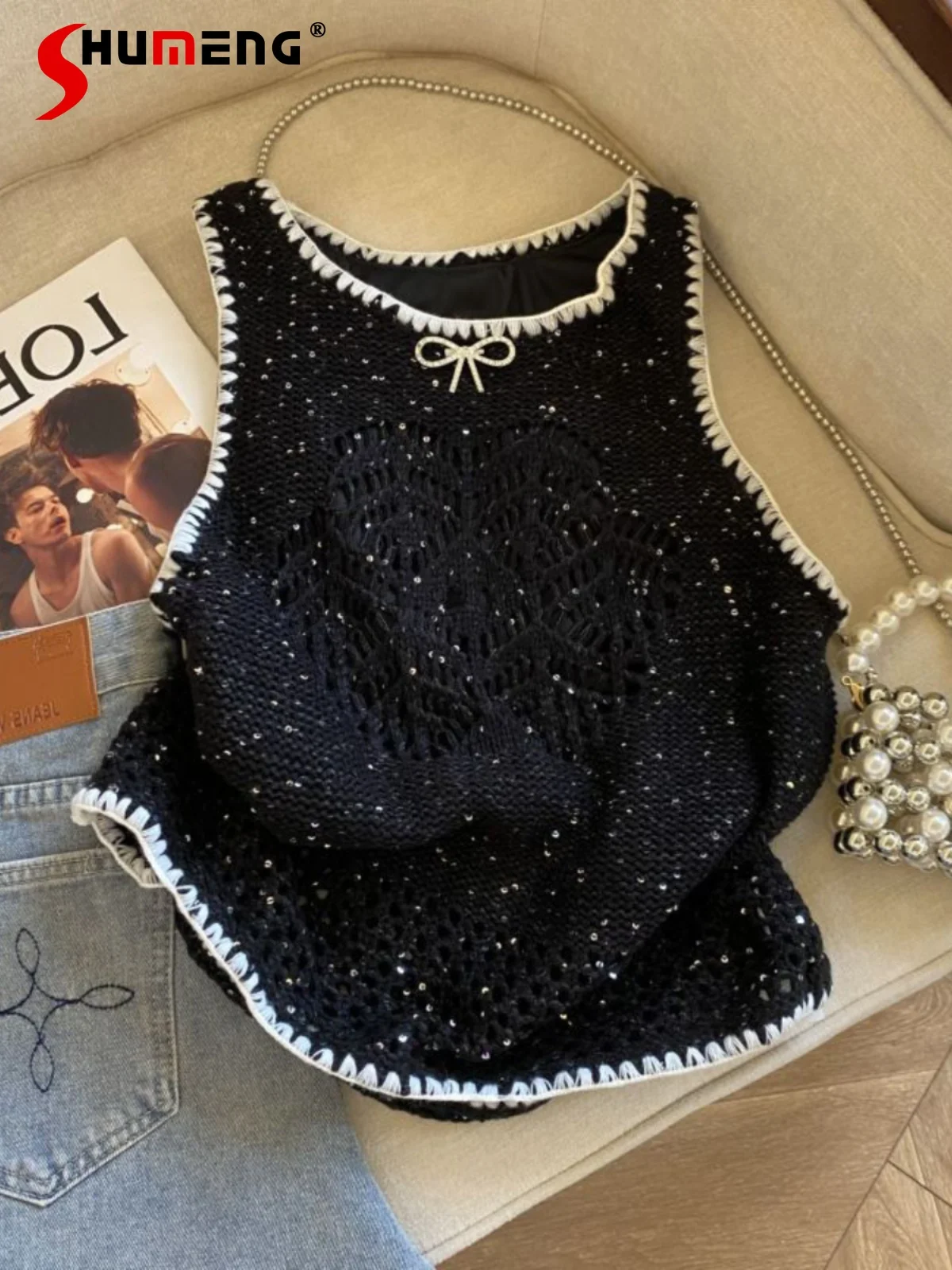 

Retro Sleeveless Tops Women's 2024 Summer High-End Bow Contrast Color Vest Sequined Hot Girl Trendy Female Loose Comfort Vests