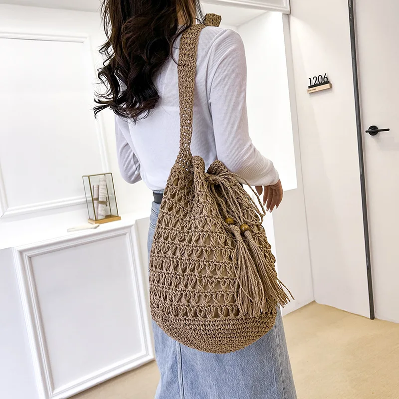 Straw Bag Female Summer Shoulder Beach Bag Large Capacity Bucket Women Crossbody Bags Fashion Drawstring Woven Travel Handbag