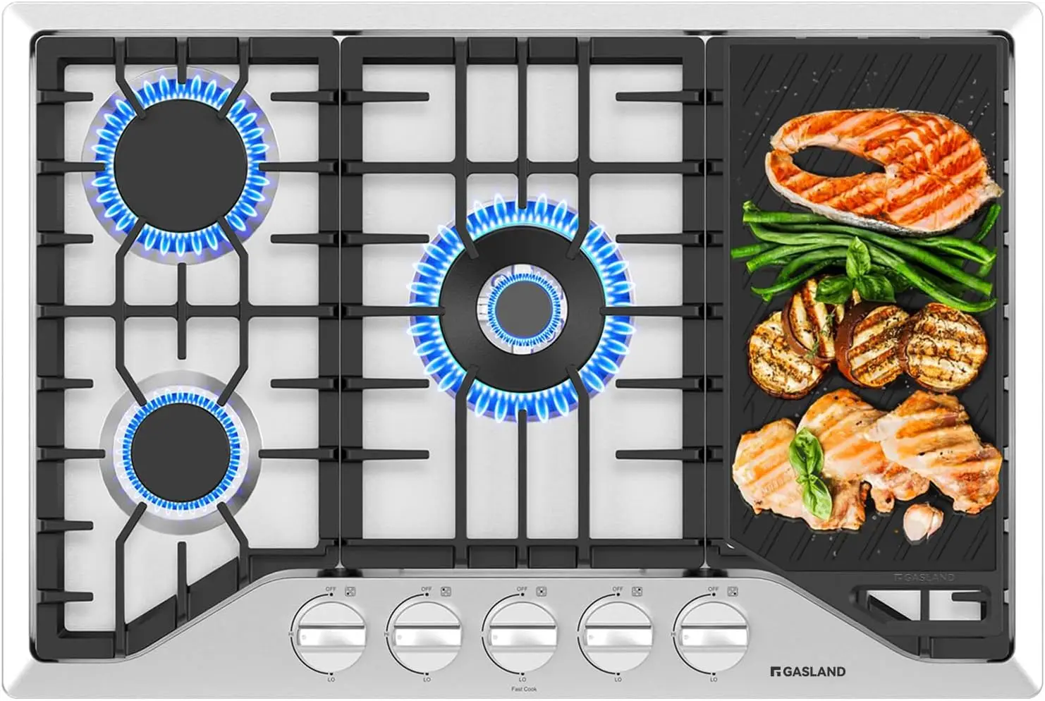 Inch Gas Cooktop, GASLAND PRO GH3305SF 5 Burner Gas Stovetop with Reversible Cast Iron Grill/Griddle, Gas Countertop Plug-in,