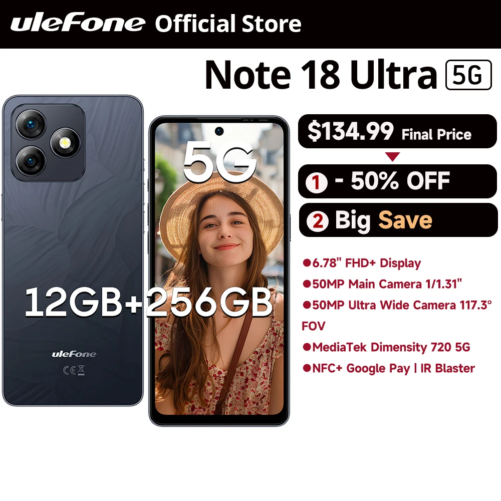 Ulefone-Note 18ウルトラ5gスマートフォン、12GB RAM、6、256GB rom、6.78インチ、NFC、50mp、mtk Marketity 720、Androidフォン、ワールドプレミア