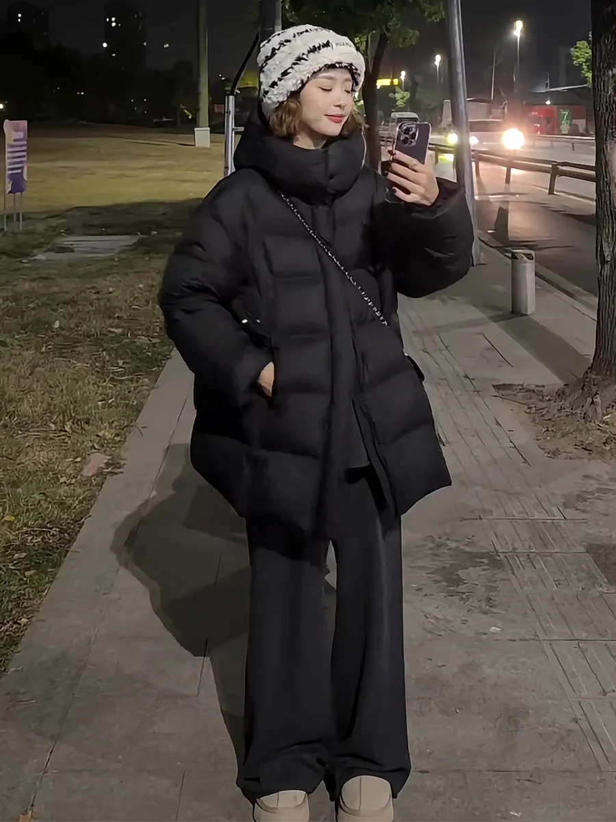 

Women's Bla Hooded Mid-Length Du down Jaet Warm Loose Outerwear Winter Design Sensation Casual Sle Zipper ket