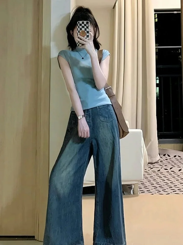 

American Retro High Waist Wide Leg Jeans Women's Spring Autumn plus Size Pear Shape Body Korean Loose Slim Straight Long Pants