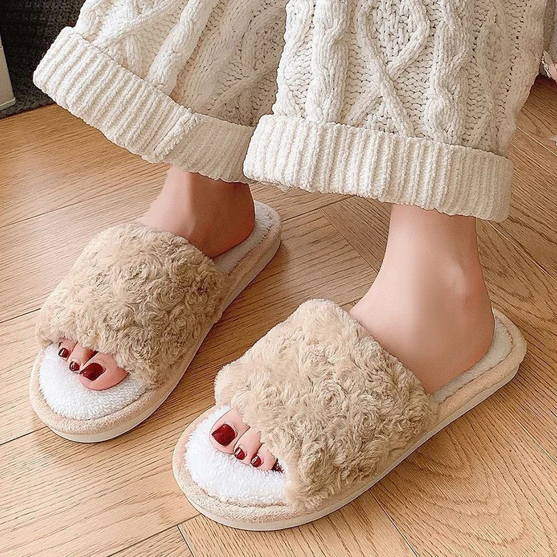 Zapatillas de invierno de piel rosa para mujer, suela suave de felpa, zapatos planos y cálidos para interiores, chanclas cómodas antideslizantes para dormitorio