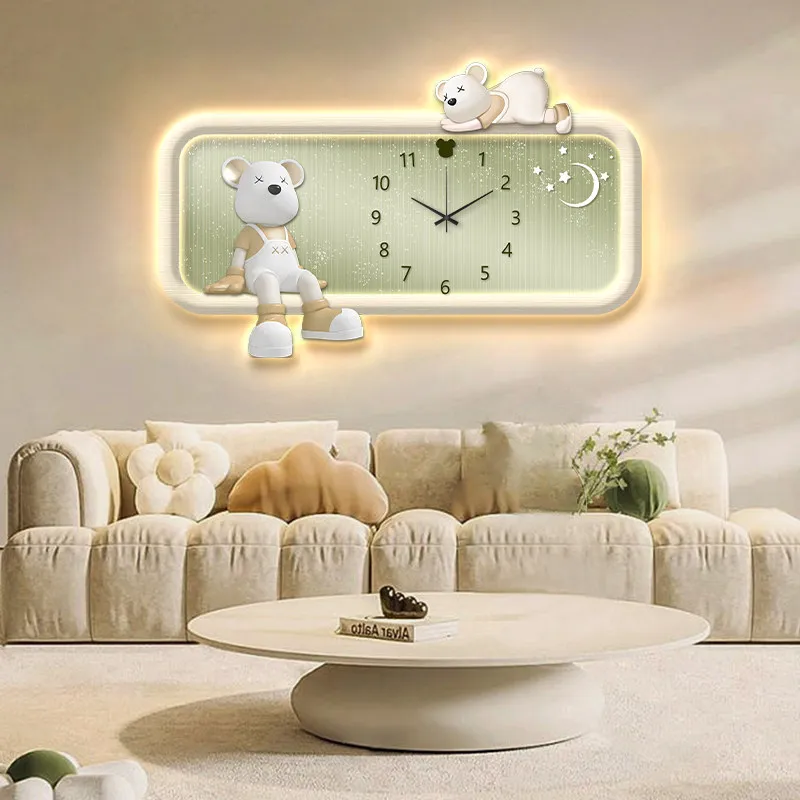 Cream Style Living Room LED Wall Clock Restaurant Cartoon Bear Decorative Painting Belt Clock Bedroom Mute Watch Home Decor Gift