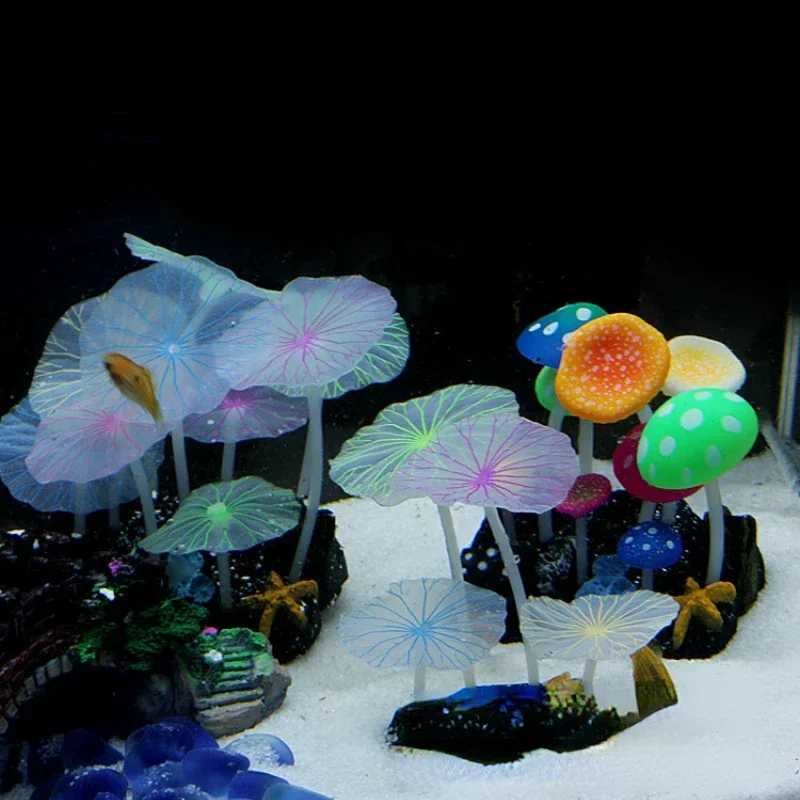 1pcs aquariums color tank landscape decorations luminous simulation aquatic plants mushroom lotus leaves fish tank decorations