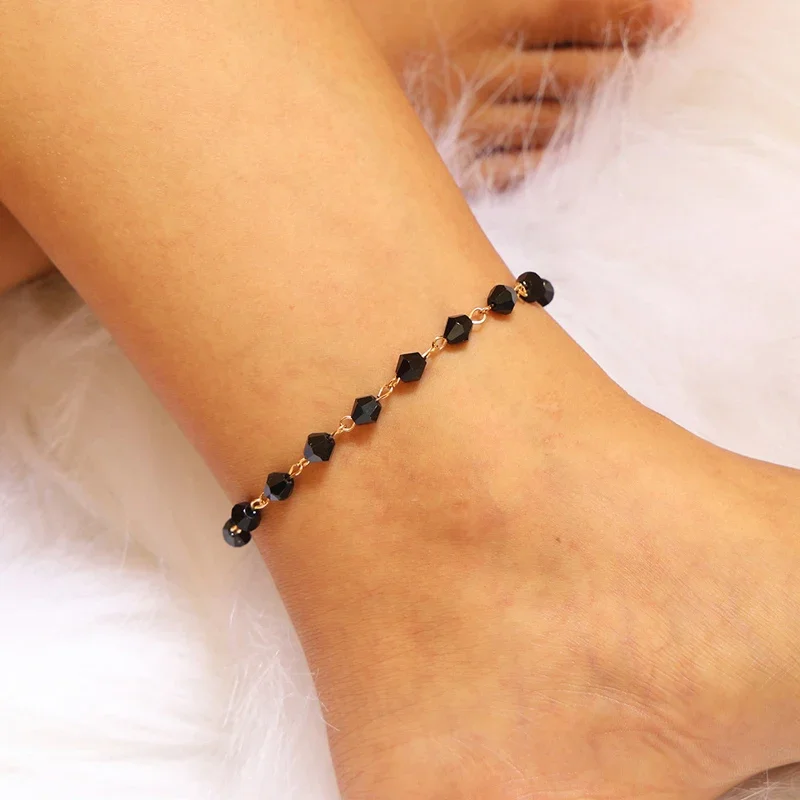 Vintage Black Crystal Stone Beads Charms Beach Anklet For Women Boho Style Ankle Bracelet Handmade Leg Bracelets Jewelry Gifts