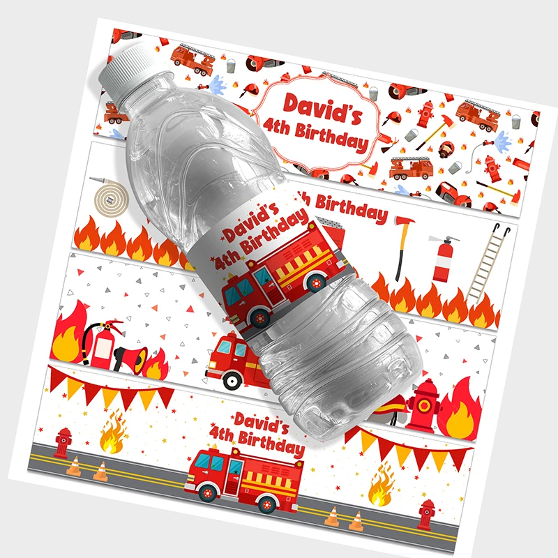 Custom Fireman Party Water Bottle Labels Stickers Personalize Fire Engine Firefighter Themed Birthday Party Decor Supplies