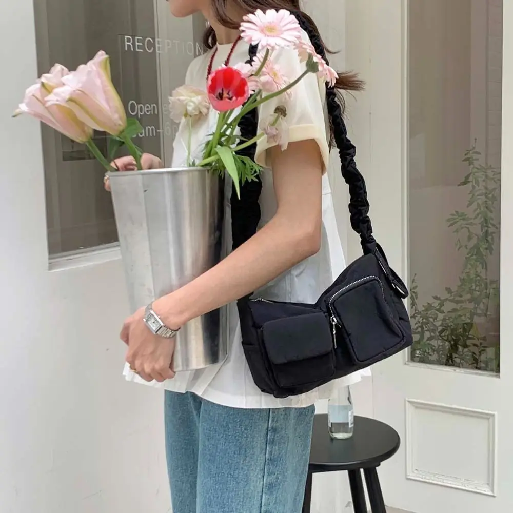 Korean Style Nylon Shoulder Bag Pleated Strap Solid Color Pocket Boston Tote Bag French Style Minority Design Underarm Bag