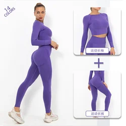 2PCS Seamless Tracksuit Yoga Set Sexy Long Sleeve Crop Top High Waist Leggings Gym Workout Clothes 2 Piece Sportwear Women Set