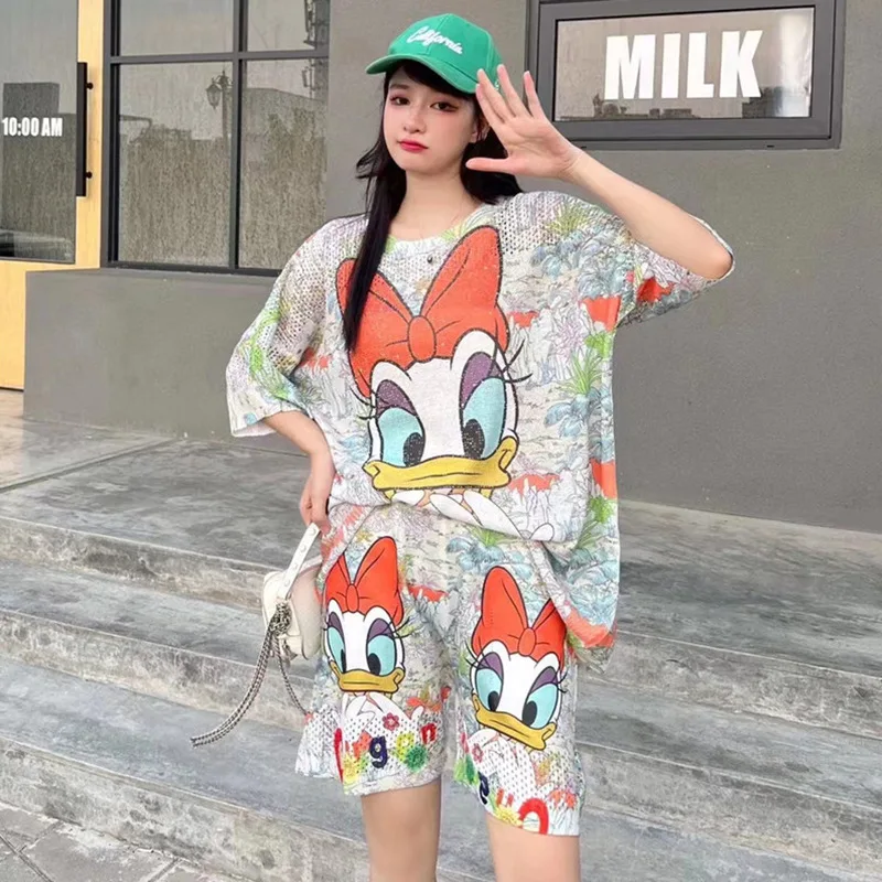 Two Piece Sets Womens Outfits Loose Casual Clothes Hollow Out Cartoon Printed Diamonds Short Sets Knitting Шорты Женские Летние