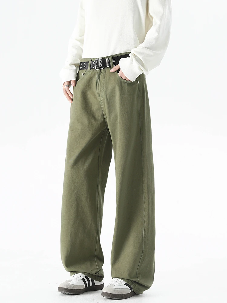 Korean Style Men’s Casual Pants for Spring Summer 100% Cotton Elastic Waist Solid Color Wide Leg Slacks Loose Straight Trousers