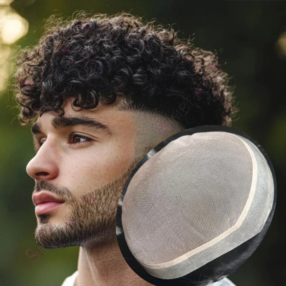 Breathable18mm/20mm Curly Afro Men's Capillary Prothesis Man's Toupee Human Hair System Durable Mono PU Toppers Natural Hairline