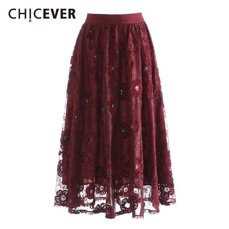 CHICEVER Patchwork 3D Flower Embroidery Skirts High Waist A Line Temprament Spliced Mesh Red Long Skirt Female Clothing Spring