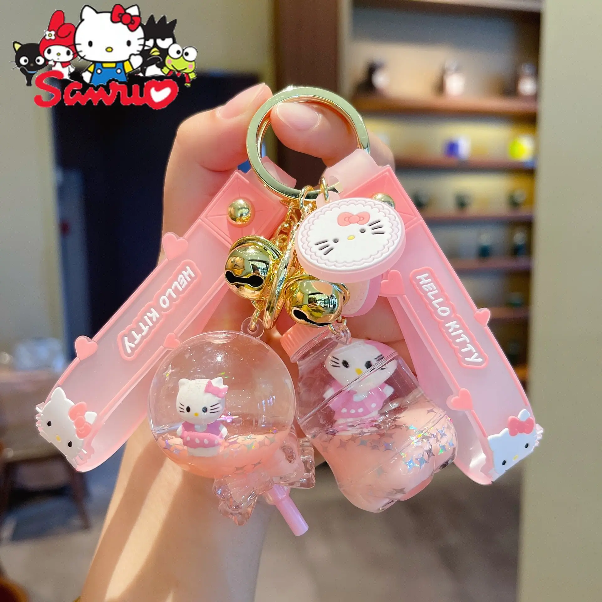 

MINISO Hello Kitty Car Keychain Acrylic Cute Pink Floating Into The Oil Girl Bag Pendant Creative Cartoon Couple Car Ornament