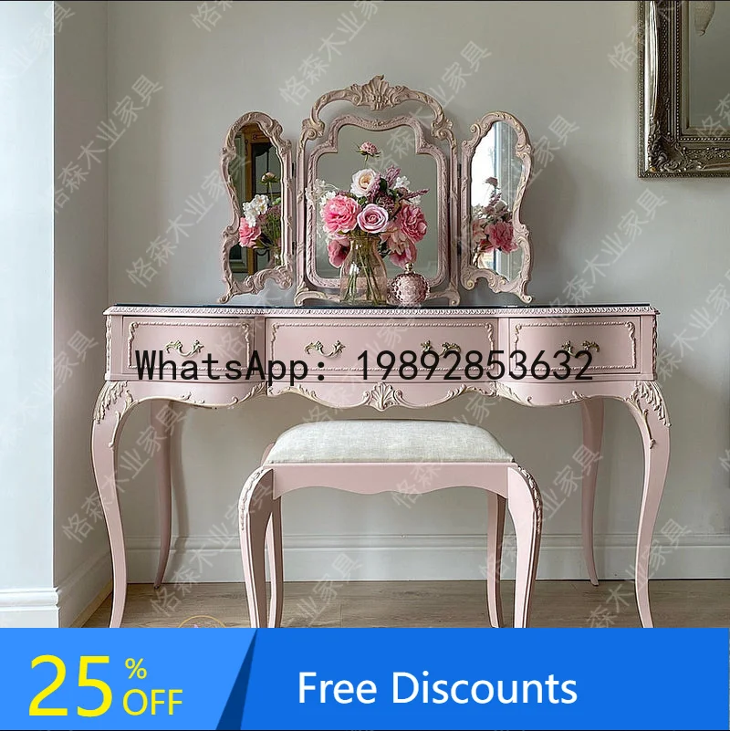 

Solid Wood Pink Bedroom Princess Dressing Table Makeup Mirror Light Luxury Simple Girls Makeup Stool Set with Mirror