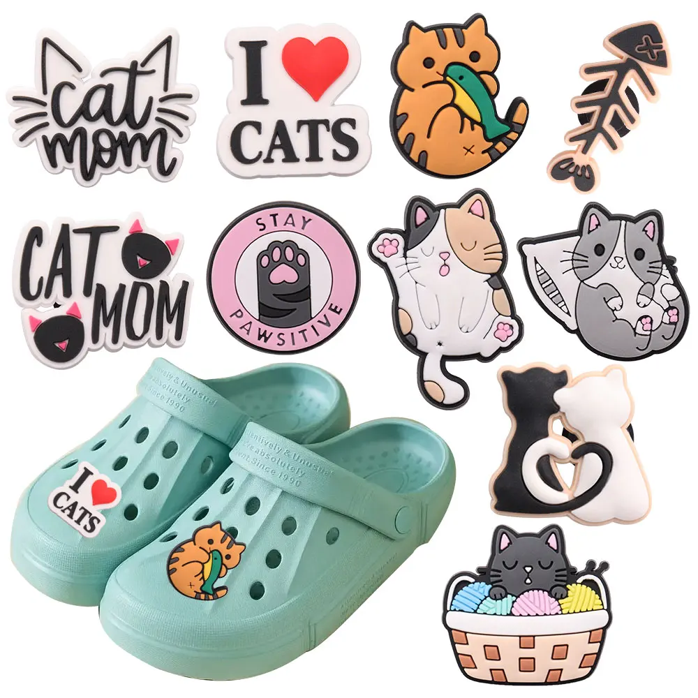 1-9PCS PVC Kawaii Animal Shoe Charms Fit Wristbands Cat Mom Fish Bone Shoes Decoration Buckle Slipper Accessories Xmas Gifts